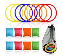 Ensemble de 16 Jouets à Lancer avec 1 Sac en Filet Noir, Ensemble d'anneaux de Lancer de poufs colorés, Jeux de Lancer pour Enfants pour fête d'anniversaire, activités intérieures et extérieures
