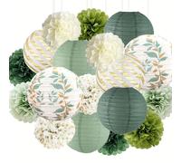 Ensemble de 16 pièces de lanternes en papier et boules de fleurs en papier vert sauge et or, décoration de fête rustique, douche nuptiale, mariage, fournitures de fête d'anniversaire gris vert Papetie