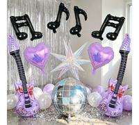 Ensemble de 17 ballons violets sur le thème du K-POP, comprenant un ballon disco 4D, un ballon guitare violette à tenir à la main, des ballons notes de musique. ÉMERAUDE