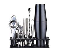 Ensemble de 17 shakers à Cocktails en Acier Inoxydable avec Support, contenants de 75 cl, doseur, cuillère, becs verseurs, Pilon, passoire, Pinces, Bouchons et ouvre-Bouteille.