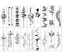 Ensemble De 18 Feuilles De Tatouages Temporaires Noirs Inspirés De La Nature Avec Phases De Lune, Serpent, Pin, Papillons, Fleurs, Cerf