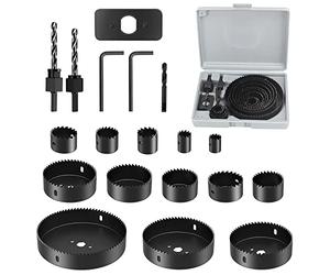 Ensemble de 19 Pièces,13 Scies Cloches Bois de 19 mm à 127 mm, Coffret Scie Cloche Reglable avec 2 Clés Hexagonales, 2 Tiges de Bielle, 1 Foret, 1 Plaque de Montage, pour Plastique, Placo, Trepan