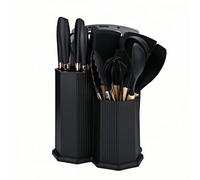 Ensemble de 19 Ustensiles de Cuisine avec 5 Couteaux Planche à Découper et Boîte de Rangement en Forme de Losange - Accessoires en Silicone Noir Résistants à la Chaleur