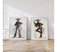 Ensemble de 2 affiches sur toile 2D/plates représentant une cowgirl rétro avec des lassos, sans cadre, style western minimaliste marron, pour la décoration du salon (40 x 60 cm x 2/sans cadre)