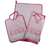 Ensemble de 2 bavoirs pour école maternelle à broder avec élastique 28 x 32 cm et serviette 40 x 55 cm toile Aïda pour broder le nom 100 % coton Made in Italy (Rose)