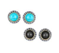 Ensemble De 2 Boucles D'Oreilles À Pince En Dôme De Style Bali Deux Tons Noir Simulé D'Onyx Et Bleu Simulé De Turquoise Pour Femmes Aux Oreilles Non Percées Plaquées Argent Et Or