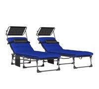 Ensemble de 2 chaises longues pliantes Outsunny avec auvent, chaise longue de jardin inclinable à 5 positions, poche latérale, appui-tête, coussins, chaise longue portable avec poignée de transport