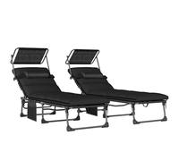 Ensemble de 2 chaises longues pliantes Outsunny avec auvent, chaise longue de jardin inclinable en 5 positions, poche latérale, appui-tête, coussins, chaise longue portable avec poignée de transport