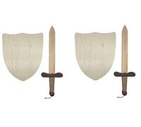 Ensemble de 2 Épées Médiévales en Bois et 2 Boucliers en Bois à Peindre - Jouet pour Garçons et Filles - Artisanat, Jouet pour Enfants, Déguisement Médiéval, Templier, Loisirs (2 Boucliers + 2 Épées)