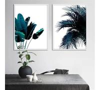 Ensemble de 2 Feuilles de Palmier Banane Bleu Abstrait Affiche Peinture à L'Huile Végétale Style Nordique Peinture Moderne Salon Bureau Décoration de la Maison - 50 * 70Cm (Impression Sans Cadre)