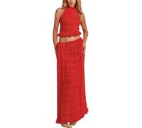 Ensemble de 2 jupes longues dos nu à lacets pour femme avec haut caraco sans manches et cordon de serrage - Jupes longues décontractées d'été légères froncées et fluides, C # Rouge, XL