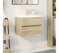 Ensemble de 2 meubles de salle de bain, lavabo en céramique et meuble bas en bois 60 x 38,5 x 45 cm, chêne Sonoma, design moderne, peu encombrant pour les petites salles de bains, haute résistance à