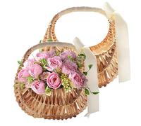 Ensemble de 2 paniers de demoiselle d'honneur en osier tressé avec ruban et poignée, pour mariage et décoration intérieure. Dimensions : 18 x 18 x 11 cm.