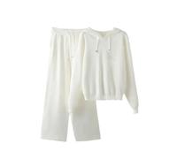 Ensemble de 2 pièces à capuche pour femme - Style décontracté - Taille haute - Jambes larges, blanc, M
