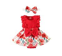 Ensemble de 2 Pièces Bébé Fille d’Eté Barboteuse Côtelé sans Manches Dentelle Jupes Floral avec Nœud Papillon+ Bandeau (Rouge, 3-6 mois)