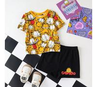Ensemble de 2 pièces comprenant un t-shirt à manches courtes avec imprimé mignon de chat de dessin animé jaune pour bébé garçon et un short noir décontracté 6-9M,9-12M,12-18M,18-24M,2-3YCartoon,Lettre