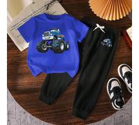 Ensemble de 2 pièces comprenant un t-shirt à manches courtes et un short imprimés de dessins animés de voitures pour jeunes garçons 6Y,7Y,4Y,5YPolyester