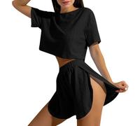 Ensemble de 2 pièces confortables en maille creuse à manches courtes pour femme - Style décontracté - Pantoufles pour fille de 2 ans, Noir , M