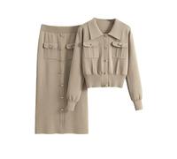 Ensemble de 2 pièces coréen à manches longues pour femme - Cardigan en tricot doux à boutons, kaki, M