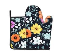 Ensemble de 2 pièces de cuisine avec gants d'isolation thermique et manique - Motif fleurs colorées - Anti-brûlure et isolation thermique