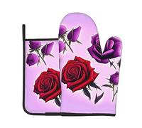 Ensemble de 2 pièces de cuisine avec gants d'isolation thermique et manique Motif roses rouges et violettes