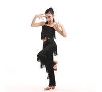 Ensemble de 2 Pièces de Danse Latine, Camisole, Pompons, Franges, Costume de Danse de Salon, Pantalon D'Entraînement de Tango Salsa, Vêtements de Danse de Performance (140 cm)