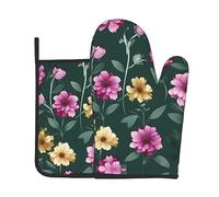 Ensemble de 2 pièces de pâtisserie de cuisine avec gants d'isolation thermique + manique - Motif fleurs violettes