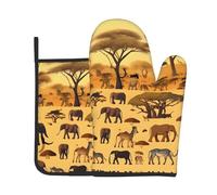 Ensemble de 2 pièces de pâtisserie en forme d'animaux de prairie africaine (gants d'isolation thermique + manique de cuisine), anti-brûlure et isolation thermique