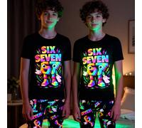 Ensemble de 2 pièces de pyjama pour pré-adolescents, short et Top ajustés en tricot avec imprimé de blocs de construction et de chiffres sensibles aux UV et qui brillent dans le noir. Cadeau idéal pou