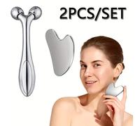 Ensemble de 2 pièces d'outils de massage du visage, rouleau facial et masseur Gua, sans parfum, fonctionnement manuel, sans pile requis, cadeau idéal pour elle, pour le visage, le cou et le corps, éco