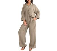 Ensemble de 2 pièces en lin - Chemise à col d'entraînement léger et respirant - Pantalon palazzo élégant deux pièces - Tenue de voyage pour femme - Couleur unie - Pantalon décontracté, kaki, L
