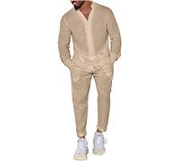 Ensemble de 2 pièces en lin pour homme - Ensemble de vêtements de loisirs 2 pièces - Pour l'été - Couleur unie - 2 pièces - Boutons - Chemise et short - Coton lin, beige, M