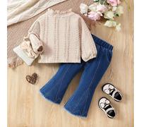 Ensemble de 2 pièces Haut à col droit élégant en jacquard couleur unie pour bébé fille nouvel automne/hiver avec ourlet à franges et jeans évasés 6-9M,9-12M,12-18M,18-24M,2-3YUnicoloreCoton,Jean