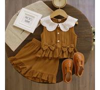 Ensemble de 2 pièces haut avec col Peter Pan mignon et short à volants pour jeune fille, été 6Y,7Y,3Y,4Y,5Y,9-12M,12-18M,18-24MUnicoloreÉtoffe