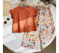Ensemble de 2 pièces LMoss Young Girl : haut à col volant en tricot de couleur unie et pantalon ample à fleurs marguerite en tissu 6Y,7Y,4Y,5YPlantesTissu tissé