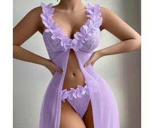 Ensemble de 2 pièces : Nuisette maxi à fleurs en dentelle et mesh contrastés + String L,M,S,XL,XSUnicoloreTissu en tulle