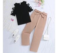 Ensemble de 2 pièces pour adolescente : Haut ajusté noir et kaki à manches croisées et pantalon droit avec bande de taille à nœud papillon 14Y,13Y,16Y,15YUnicoloreTissu tricoté,Tissu tissé