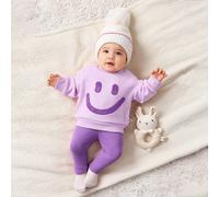 Ensemble de 2 pièces pour bébé fille nouveau-né, sweat-shirt tricoté et pantalon. Sweat-shirt à col ras-du-cou rose à manches longues avec broderie de visage souriant et legging tricoté. Convient pour