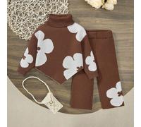 Ensemble de 2 pièces pour bébé fille, pull tricoté à col montant marron avec motifs floraux + pantalon tricoté large, doux et confortable, convient aux scènes quotidiennes, aux voyages, aux vacances,