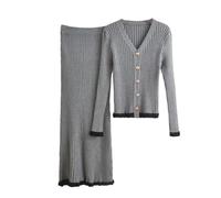 Ensemble de 2 pièces pour femme avec col en V et cardigan coréen taille haute et ourlet à volants, Gris 9., M