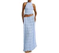Ensemble de 2 Pièces pour Femme avec Jupe Longue sans Manches Dos Nu et Haut Court Plissé Jupe Maxi Fluide Sexy d'été Deux Pièces pour Printemps Eté Top