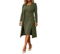 Ensemble de 2 pièces pour femme Blazer sans col et jupe crayon élégante à manches longues avec revers Costume formel de bureau une seule couleur, Vert militaire, XX-Large