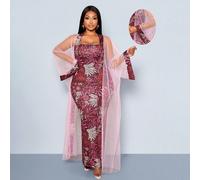 Ensemble de 2 pièces pour femmes grandes tailles, robe ajustée élégante et cardigan patchwork en maille. Vêtements traditionnels sud-africains, style moyen-oriental, convient pour les fêtes, les rasse