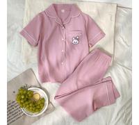 Ensemble de 2 pièces pour filles, doux et simple, en tissu texturé froissé bleu, avec bordure en forme de pousse violet clair, nœud bleu sur la poitrine, broderie de lapin, devant ouvert, manches cour