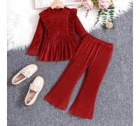 Ensemble de 2 pièces pour fillettes et tout-petites: Top à manches longues avec volants et motif fleur de lotus rose tricoté, plus pantalon évasé. Automne, hiver 6Y,7Y,4Y,5YUnicoloreTissu tricoté