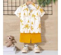 Ensemble de 2 pièces pour jeunes garçons, composé d'une chemise à manches courtes imprimée de palmiers et d'un short jaune. Tissu doux et confortable, adapté pour la plage et le port quotidien 6Y,7Y,4