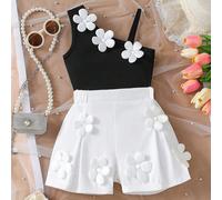 Ensemble de 2 pièces pour nouveau-né fille avec décoration florale mignonne, comprenant un débardeur à bretelles et un short 6-9M,9-12M,12-18M,18-24M,2-3Y,3-6MBlocs de couleur,Floral,PlantesPolyester,