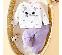 Ensemble de 2 pièces pour nouveau-né fille : pull blanc avec motif imprimé de chat et manches longues, assorti à un pantalon rose rayé. Style de bande dessinée à la mode et mignon, tissu confortable,