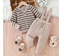 Ensemble de 2 pièces pour nouveau-né garçon, style vintage gentleman avec tricot rayé. Comprenant un pull décontracté et un salopette à bavette pour l'automne/hiver 6-9M,9-12M,12-18M,18-24M,2-3YGéomét