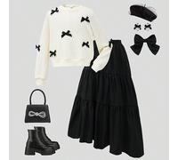 Ensemble de 2 pièces pull col rond avec nœud papillon et jupe à gâteau pour pré-adolescentes, avec serre-tête 8Y,9Y,10Y,11Y,12YGéométrique,UnicolorePolyester,Flanelle